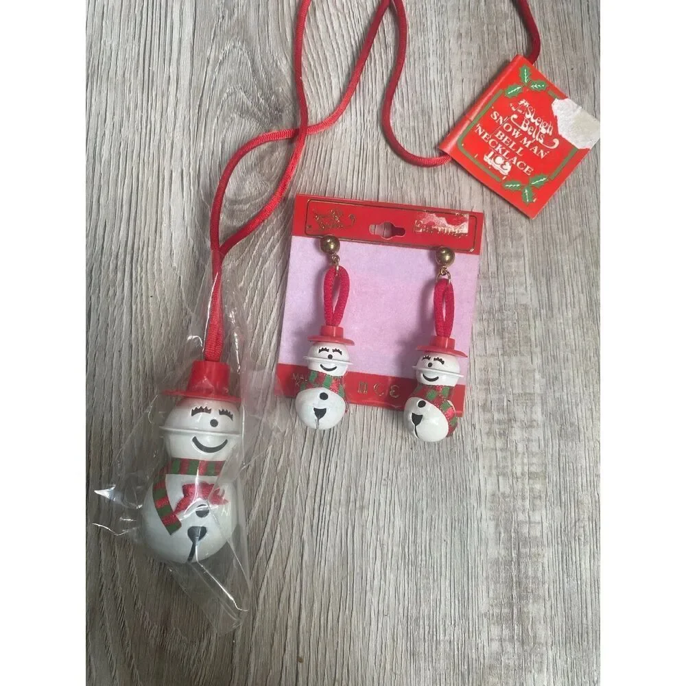 Vintage Snowman jingle bell necklace and earrings
